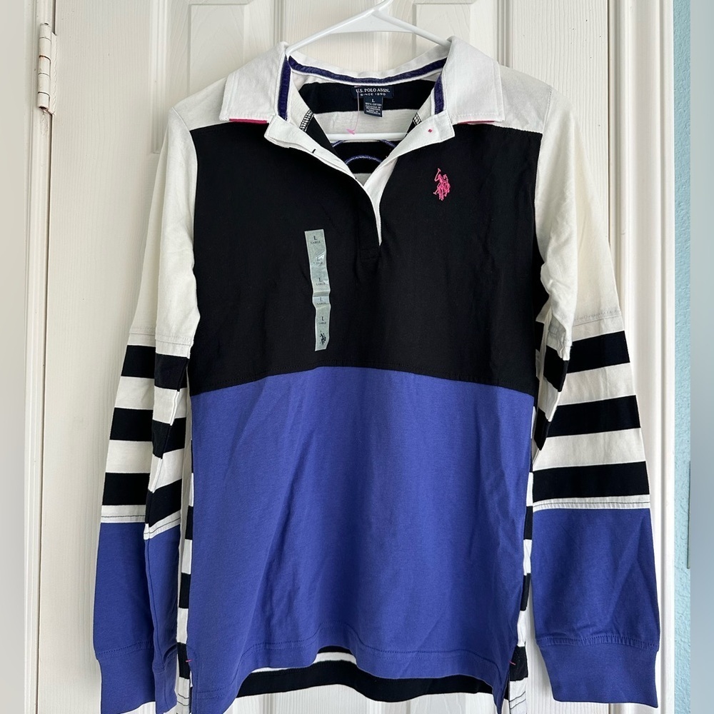 U.S. Polo Assn. L/S color-block Girls Large rugby shirt purple White Black Pink